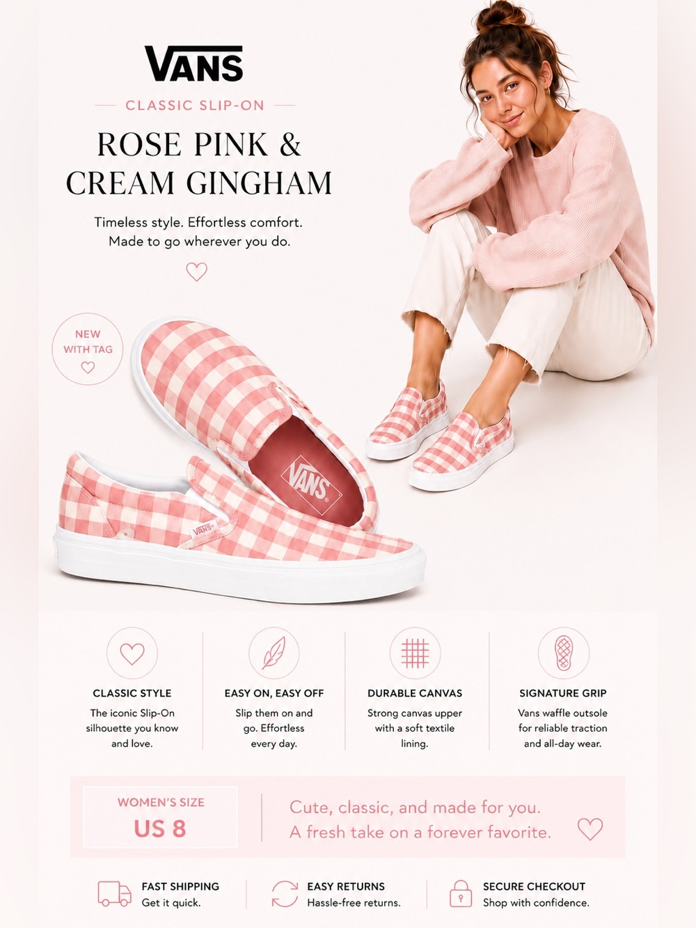 Vans Classic Slip-On Rose Pink Cream Gingham Canvas Sneakers Women's 8 NWT